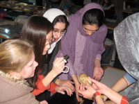 High school students gather around a tub containing marine organisms for a closer look