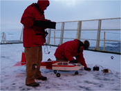 Unmanned aerial vehicle (UAV) used to take aerial images of and deploy GPS units at icebergs.